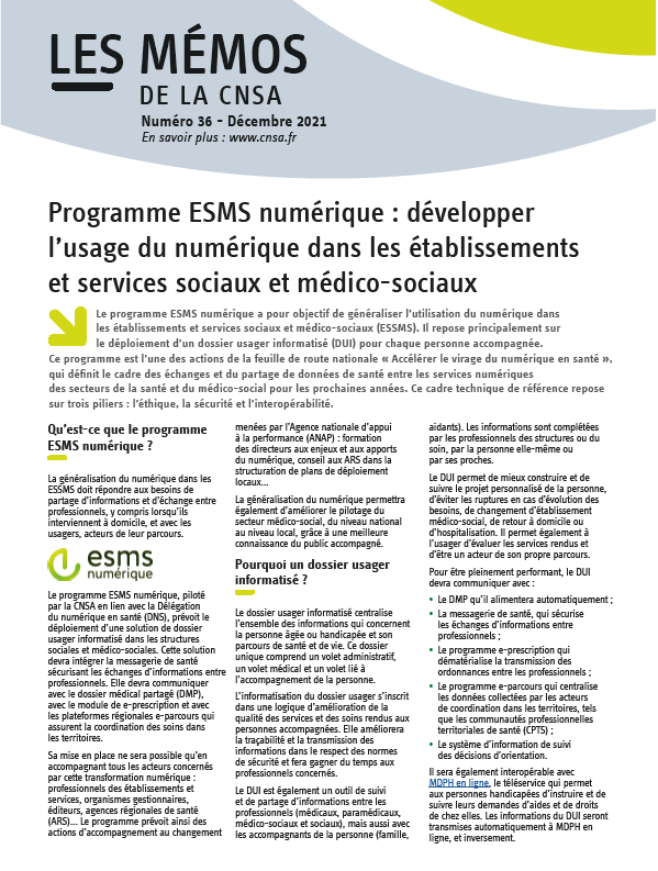 Mémo n° 36 - Programme ESMS numérique: développer l'usage du numérique dans les ESMS - accessible (PDF, 403.54 Ko)