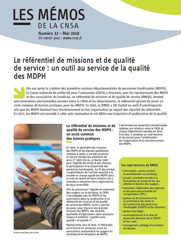 Mémo n° 32 - Le référentiel de missions et de qualité de service : un outil au service de la qualité des MDPH - mai 2018 (PDF, 283.51 Ko)