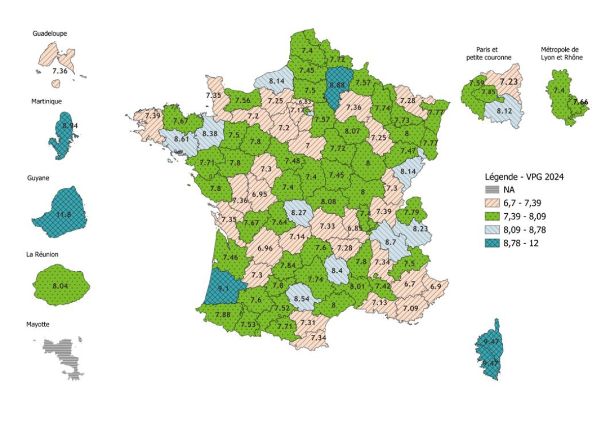 Le lien vers le tableau des données représentées dans la carte des valeurs de points par département en 2024 est disponible ci-après.
