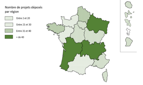 Représentation du nombre de projets déposés par région.