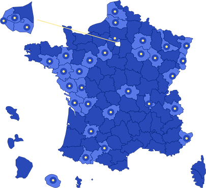 Représentation sur une carte de France du déploiement de la médiation entre aidants-aidés