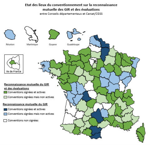 Carte de France "Etat des lieux du conventionnement sur la reconnaissance mutuelle des GIR et des évaluations".