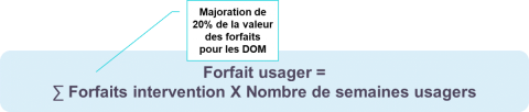 Forfait usager = somme des forfaits interventions multipliée par le nombre de semaines usagers. Majoration de 20% de la valeur des forfaits pour les DOM