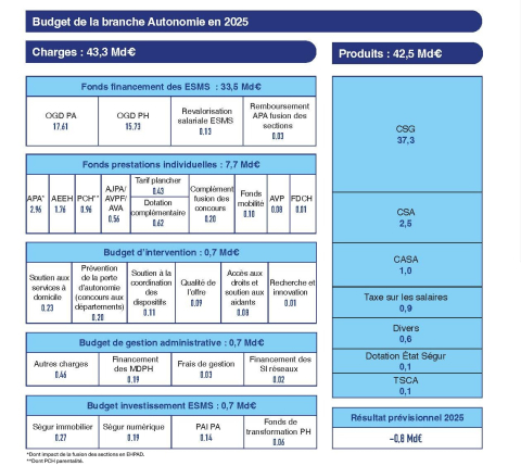 Tableau représentant le budget de la branche autonomie en 2025 : le budget total prévoit 43,3 milliards d’euros de charges contre 42,5 milliards d’euros de produits, ce qui entraîne un résultat prévisionnel déficitaire de 0,8 milliard d’euros. Les fonds destinés au financement des établissements et services médico-sociaux (ESMS) s’élèvent à 33,5 milliards d’euros, répartis entre l’OGD Personnes Âgées (17,61 Md€), l’OGD Personnes Handicapées (15,73 Md€), la revalorisation salariale des ESMS (0,13 Md€) et le remboursement de l’APA lié à la fusion des sections (0,03 Md€). Les prestations individuelles représentent un total de 7,7 milliards d’euros, comprenant l’APA (2,9 %), l’AEEH (1,76 %), la PCH (0,96 %, dont parentalité), les aides AJPA/AVPF/AVA (0,56 Md€), le tarif plancher (0,43 Md€), la dotation complémentaire concours (0,62 Md€), le complément lié à la fusion des concours (0,20 Md€), le fonds mobilité (0,10 Md€), l’AVP (0,08 Md€) et le FDCH (0,01 Md€). Le budget d’intervention est de 0,7 milliard d’euros, réparti entre le soutien aux services à domicile (0,23 Md€), la prévention de la perte d’autonomie via les concours aux départements (0,19 Md€), le soutien à la coordination des dispositifs (0,11 Md€), l’amélioration de la qualité de l’offre (0,09 Md€), l’accès aux droits et le soutien aux aidants (0,08 Md€), ainsi que la recherche et l’innovation (0,01 Md€). Le budget de gestion administrative, également de 0,7 milliard d’euros, comprend les autres charges (0,46 Md€), le financement des MDPH (0,19 Md€), les frais de gestion (0,13 Md€) et le financement des systèmes d’information des réseaux (0,07 Md€). Enfin, le budget d’investissement pour les ESMS, lui aussi de 0,7 milliard d’euros, est réparti entre le Ségur immobilier (0,27 Md€), le Ségur numérique (0,19 Md€), le PAI Personnes Âgées (0,14 Md€) et le fonds de transformation pour les personnes handicapées (0,06 Md€). Les produits proviennent principalement de la CSG (37,3 Md€), de la CSA (2,5 Md€), de la CASA (1,0 Md€), de la taxe sur les salaires (0,9 Md€), de diverses recettes (0,6 Md€), de la dotation État Ségur (0,3 Md€) et de la taxe sur les produits d’assurance (TSCA, 0,1 Md€).